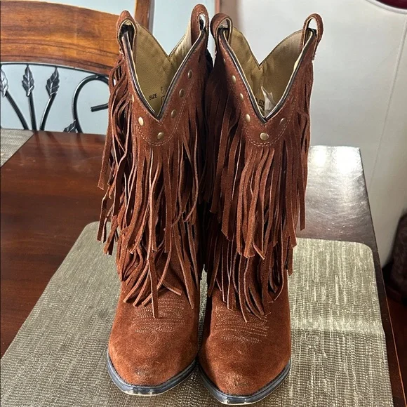 Shyanne Brown Suede Fringe Western Ankle Boots - Picture 1 of 9